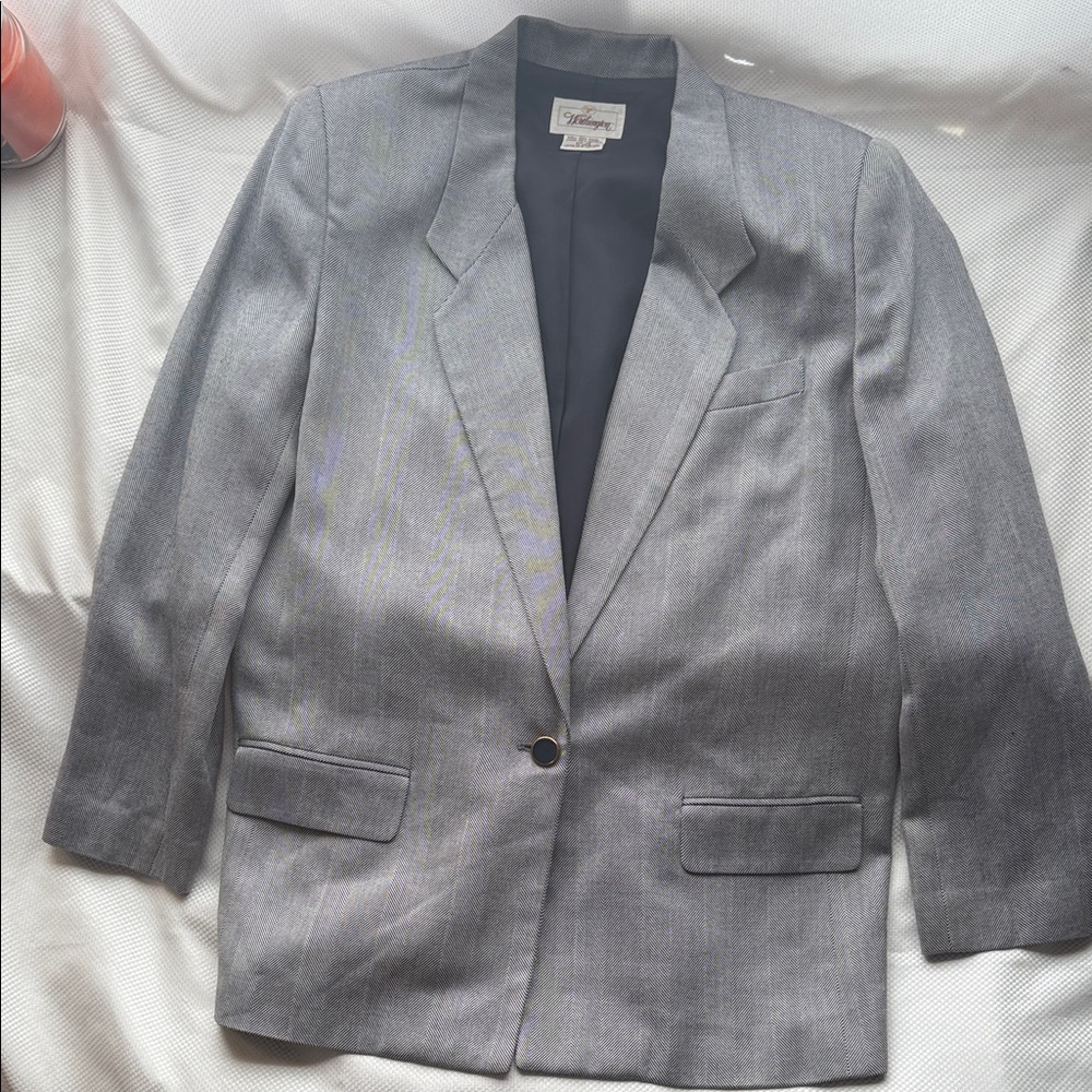 Navy Blue & White Herringbone Worthington Women’s Single-Button Blazer - Size 14